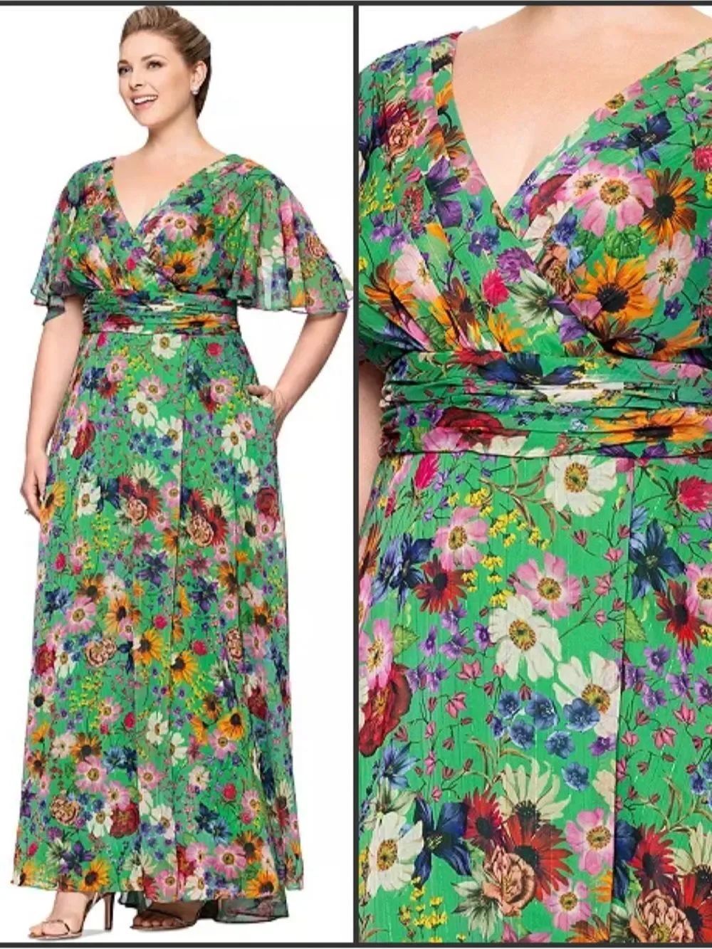 NWT Betsy & Adam Green Plus Size Floral-Print Flutter-Sleeve A-Line Dress 20 20W